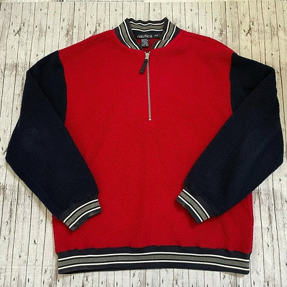 Vintage Nautica Sz M Red/Blue Varsity Spellout 1/4 Zip Sherpa Fleece Pullover - Picture 1 of 10
